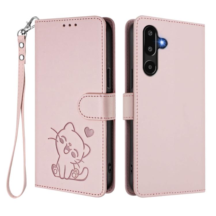 For Samsung Galaxy M16 5G / F16 5G Embossed Heart Cat Leather Phone Case with Hand Strap