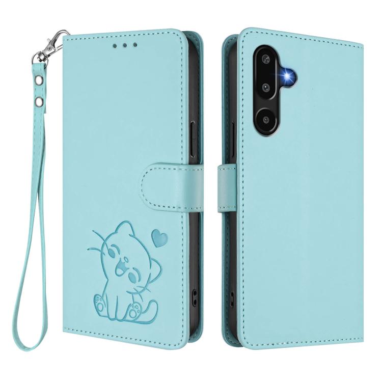 For Samsung Galaxy M16 5G / F16 5G Embossed Heart Cat Leather Phone Case with Hand Strap