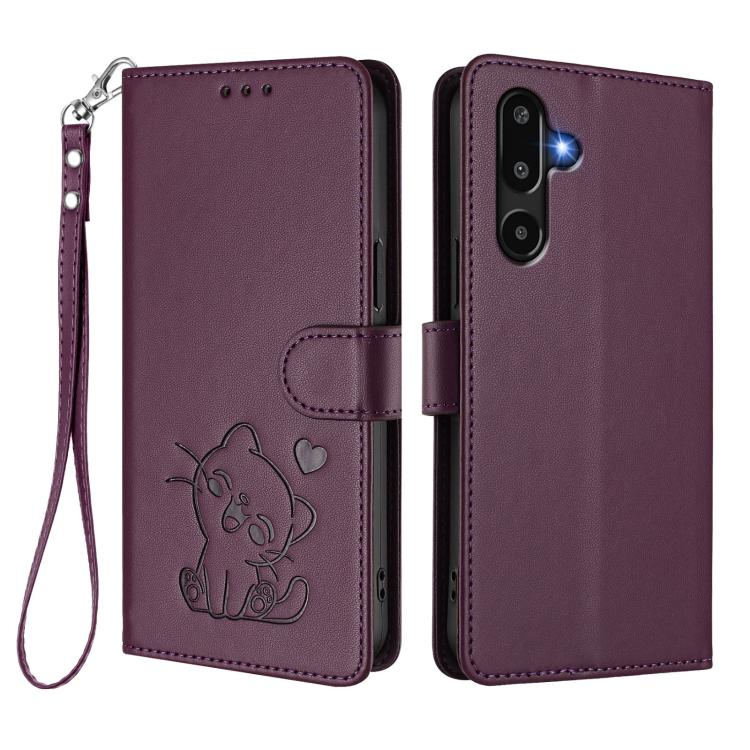 For Samsung Galaxy M16 5G / F16 5G Embossed Heart Cat Leather Phone Case with Hand Strap