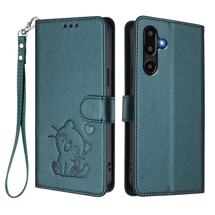 For Samsung Galaxy M16 5G / F16 5G Embossed Heart Cat Leather Phone Case with Hand Strap
