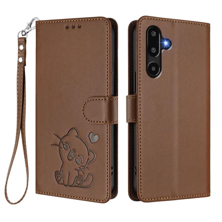 For Samsung Galaxy M16 5G / F16 5G Embossed Heart Cat Leather Phone Case with Hand Strap