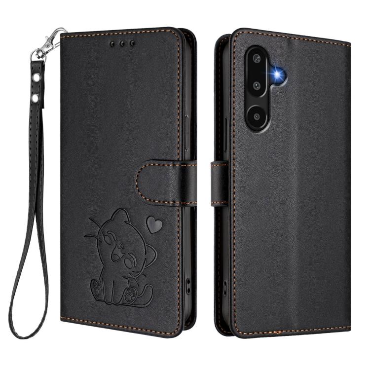 For Samsung Galaxy M16 5G / F16 5G Embossed Heart Cat Leather Phone Case with Hand Strap