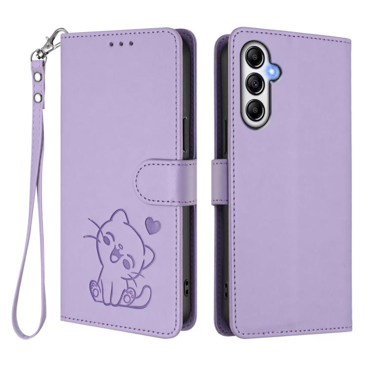 For Samsung Galaxy M14 5G Embossed Heart Cat Leather Phone Case with Hand Strap