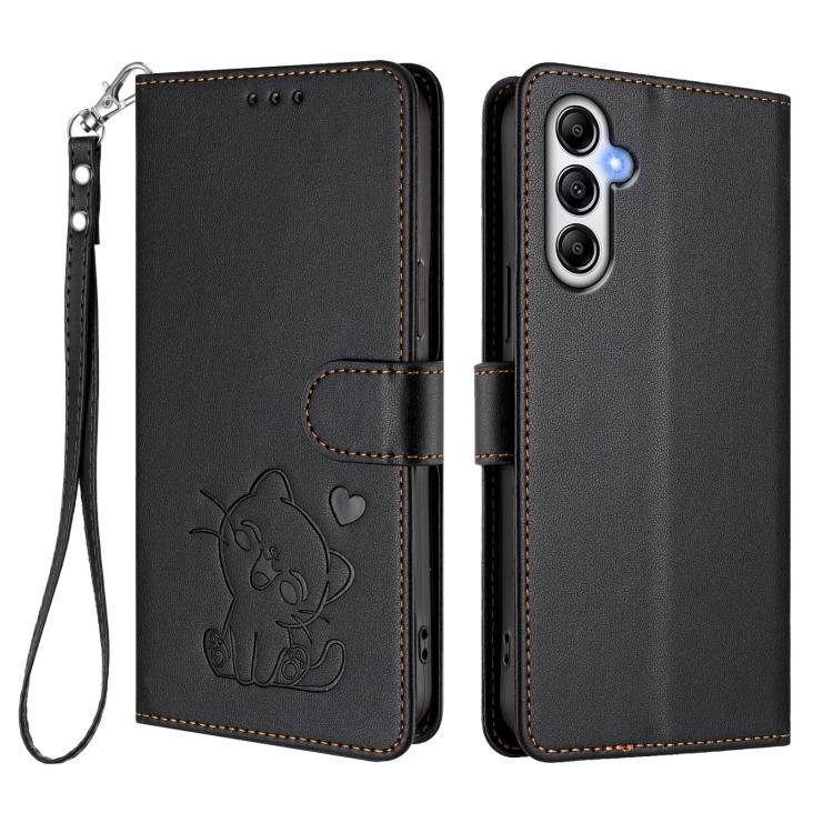 For Samsung Galaxy M14 5G Embossed Heart Cat Leather Phone Case with Hand Strap