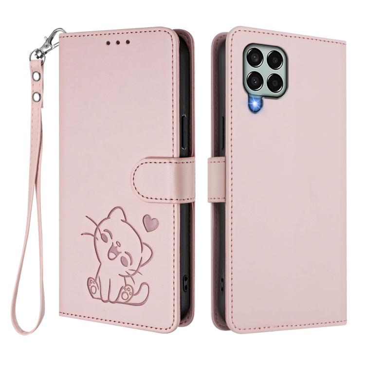 For Samsung Galaxy M33 5G Embossed Heart Cat Leather Phone Case with Hand Strap