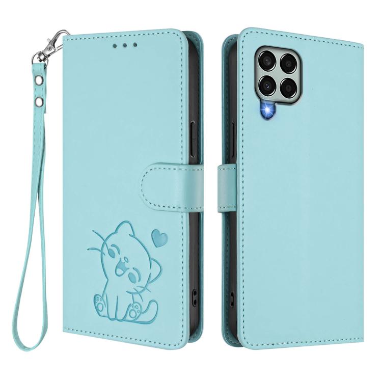 For Samsung Galaxy M33 5G Embossed Heart Cat Leather Phone Case with Hand Strap