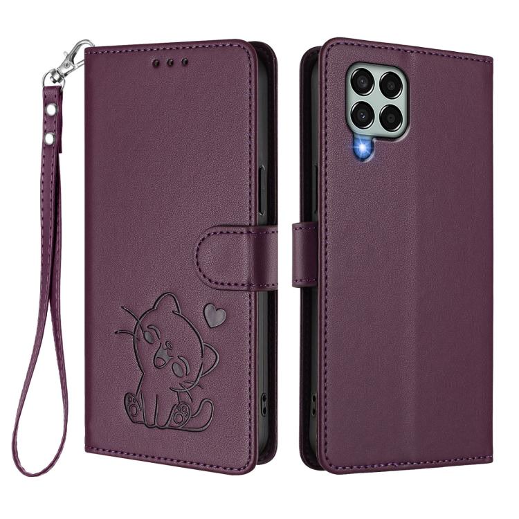 For Samsung Galaxy M33 5G Embossed Heart Cat Leather Phone Case with Hand Strap