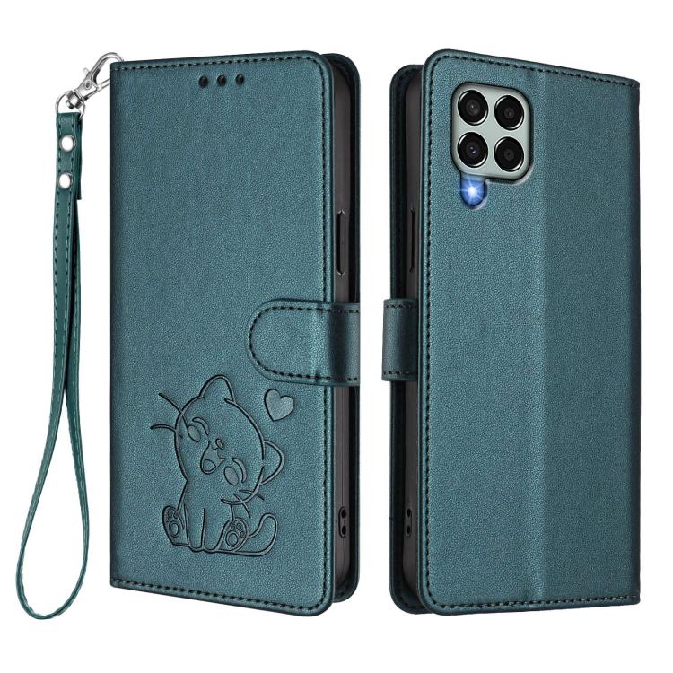 For Samsung Galaxy M33 5G Embossed Heart Cat Leather Phone Case with Hand Strap