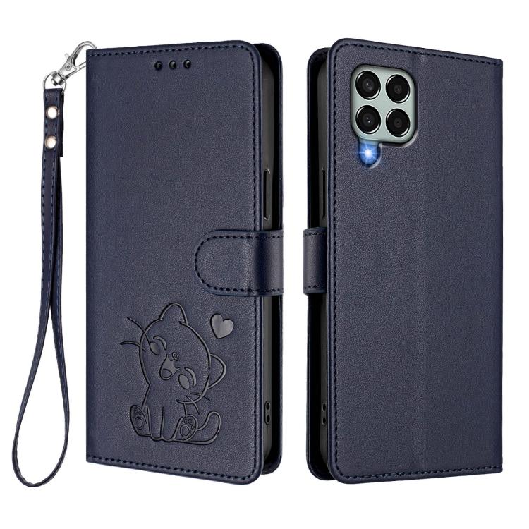 For Samsung Galaxy M33 5G Embossed Heart Cat Leather Phone Case with Hand Strap