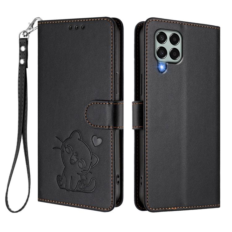For Samsung Galaxy M33 5G Embossed Heart Cat Leather Phone Case with Hand Strap