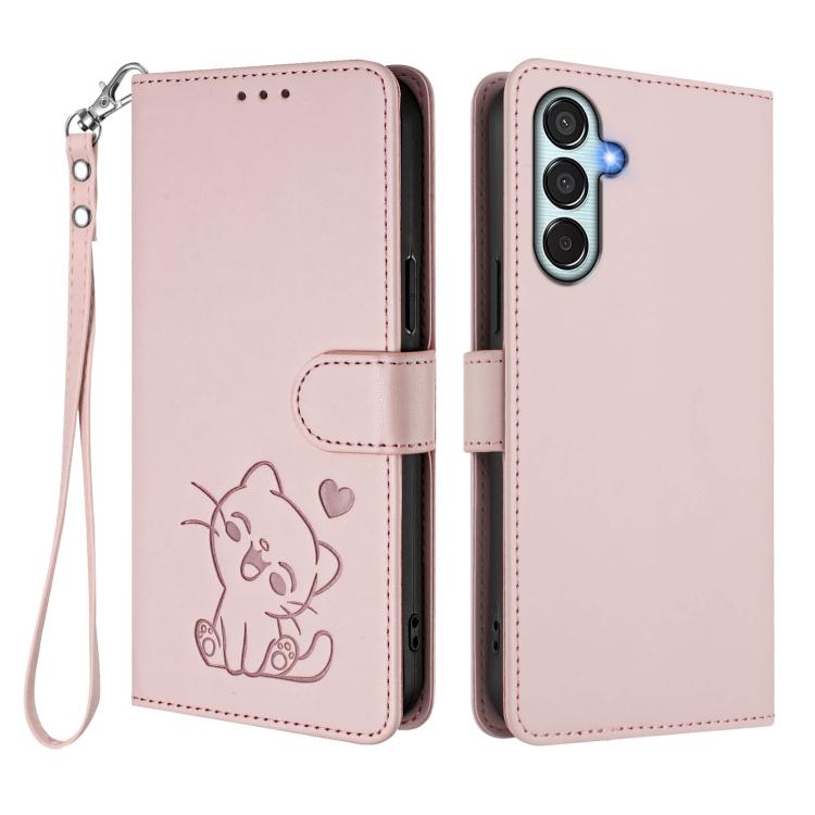 For Samsung Galaxy M35 5G Embossed Heart Cat Leather Phone Case with Hand Strap
