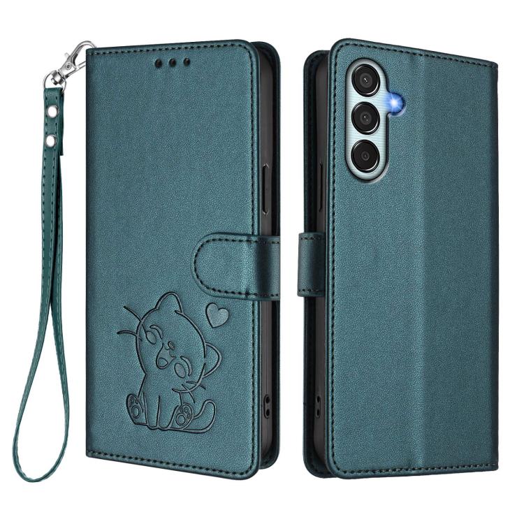 For Samsung Galaxy M35 5G Embossed Heart Cat Leather Phone Case with Hand Strap