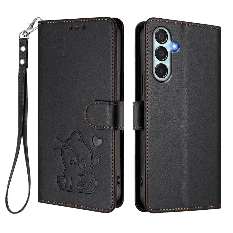 For Samsung Galaxy M35 5G Embossed Heart Cat Leather Phone Case with Hand Strap
