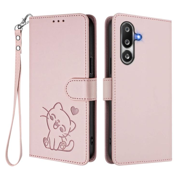 For Samsung Galaxy M36 5G Embossed Heart Cat Leather Phone Case with Hand Strap
