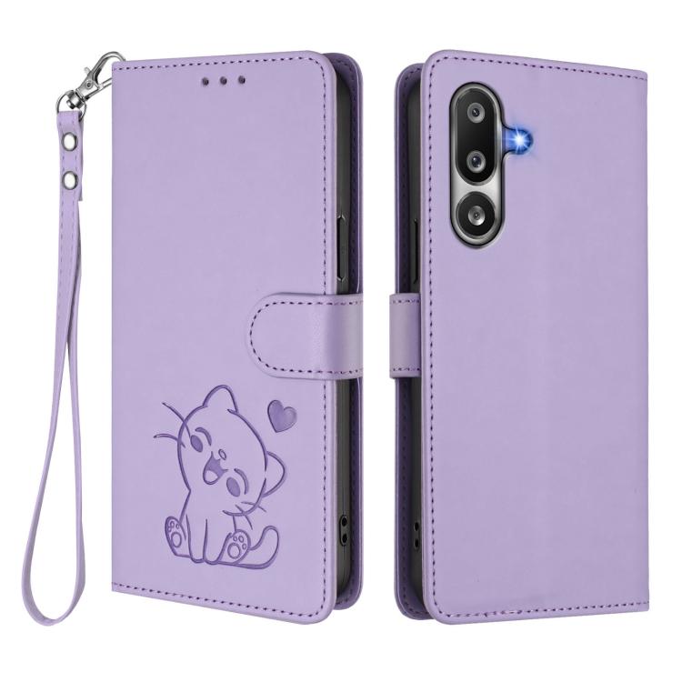 For Samsung Galaxy M36 5G Embossed Heart Cat Leather Phone Case with Hand Strap