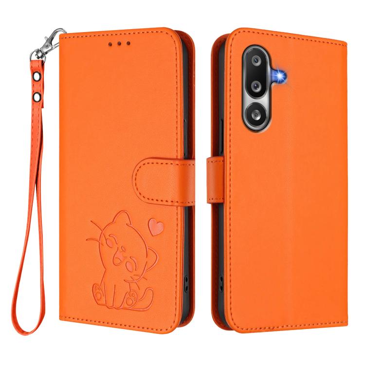 For Samsung Galaxy M36 5G Embossed Heart Cat Leather Phone Case with Hand Strap