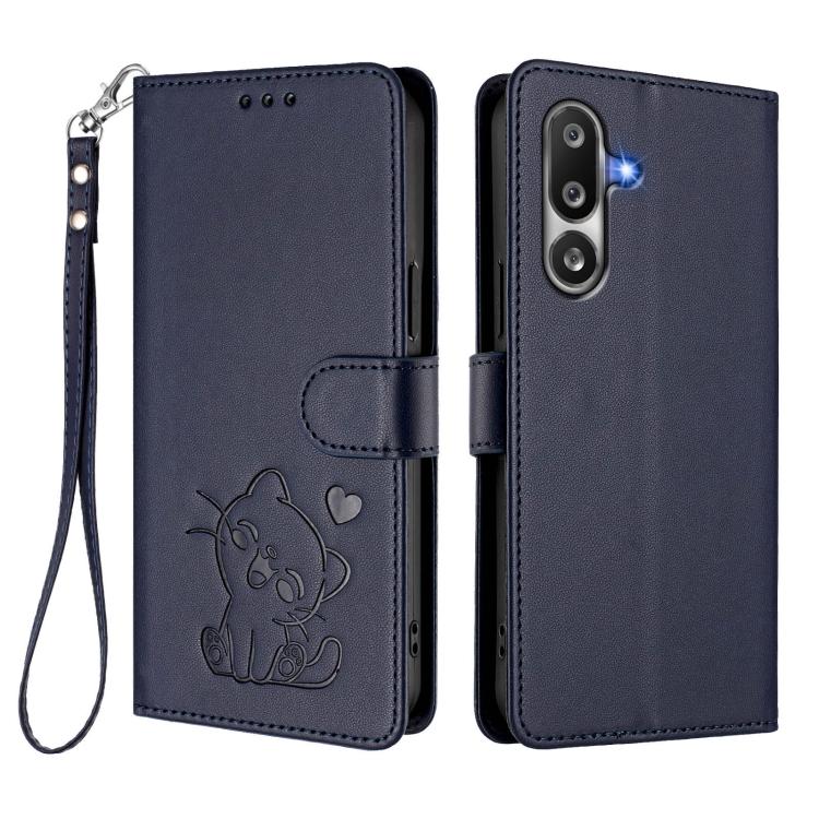For Samsung Galaxy M36 5G Embossed Heart Cat Leather Phone Case with Hand Strap
