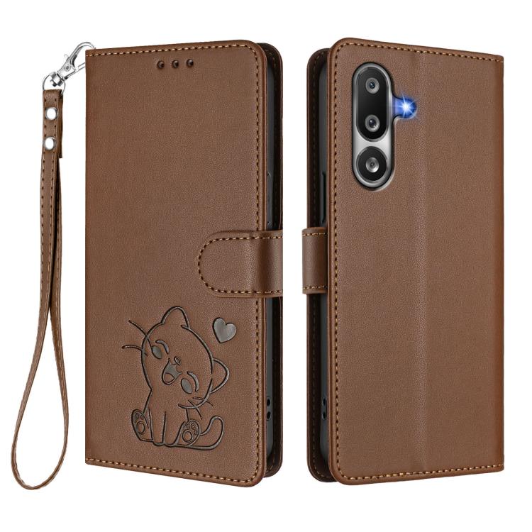 For Samsung Galaxy M36 5G Embossed Heart Cat Leather Phone Case with Hand Strap