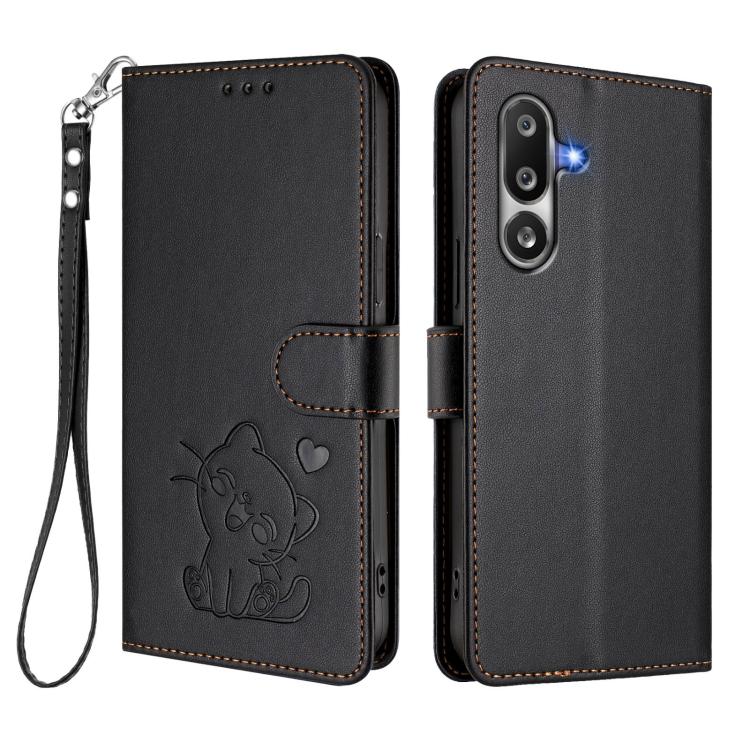 For Samsung Galaxy M36 5G Embossed Heart Cat Leather Phone Case with Hand Strap