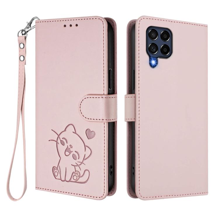 For Samsung Galaxy M53 5G Embossed Heart Cat Leather Phone Case with Hand Strap
