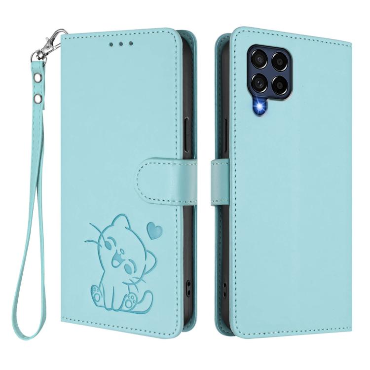 For Samsung Galaxy M53 5G Embossed Heart Cat Leather Phone Case with Hand Strap