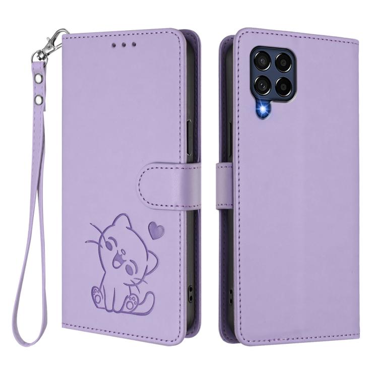 For Samsung Galaxy M53 5G Embossed Heart Cat Leather Phone Case with Hand Strap