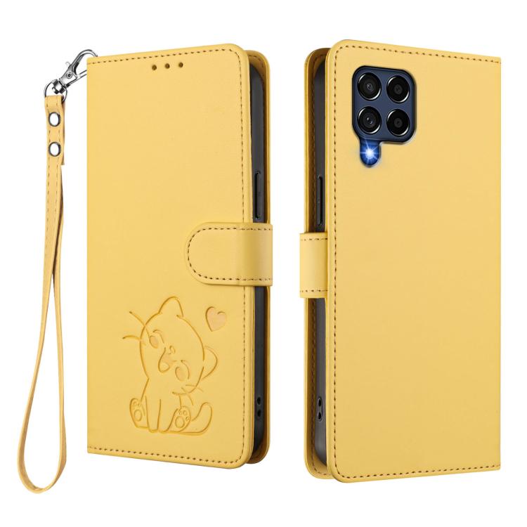 For Samsung Galaxy M53 5G Embossed Heart Cat Leather Phone Case with Hand Strap