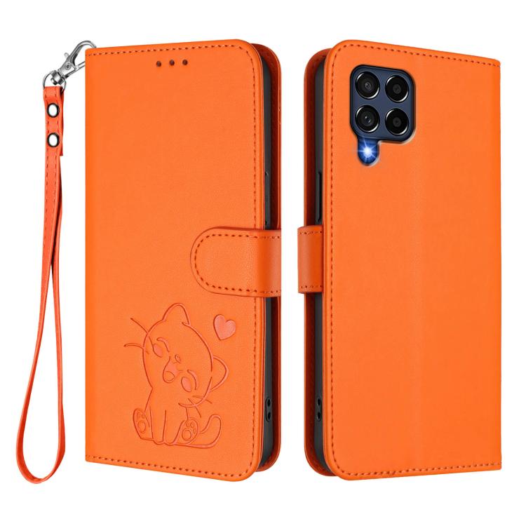 For Samsung Galaxy M53 5G Embossed Heart Cat Leather Phone Case with Hand Strap