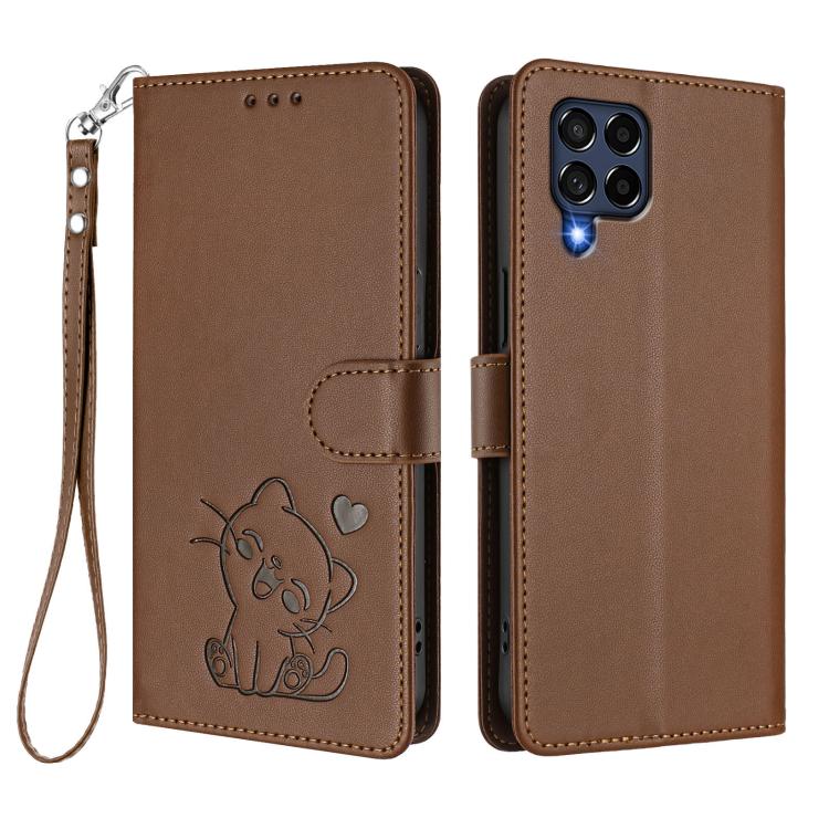 For Samsung Galaxy M53 5G Embossed Heart Cat Leather Phone Case with Hand Strap