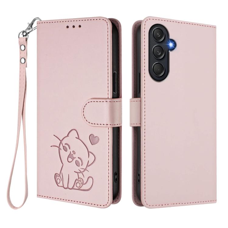 For Samsung Galaxy M55 / C55 Embossed Heart Cat Leather Phone Case with Hand Strap