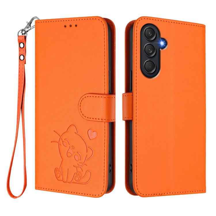 For Samsung Galaxy M55 / C55 Embossed Heart Cat Leather Phone Case with Hand Strap