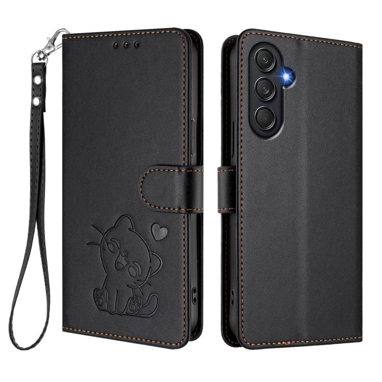 For Samsung Galaxy M55 / C55 Embossed Heart Cat Leather Phone Case with Hand Strap