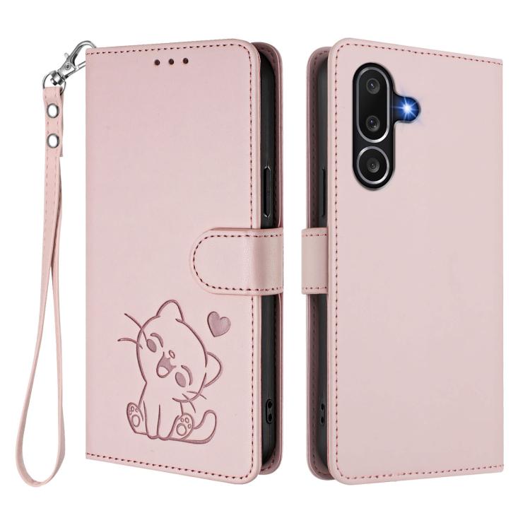 For Samsung Galaxy M56 5G Embossed Heart Cat Leather Phone Case with Hand Strap