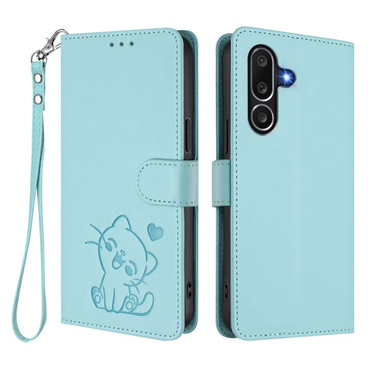 For Samsung Galaxy M56 5G Embossed Heart Cat Leather Phone Case with Hand Strap