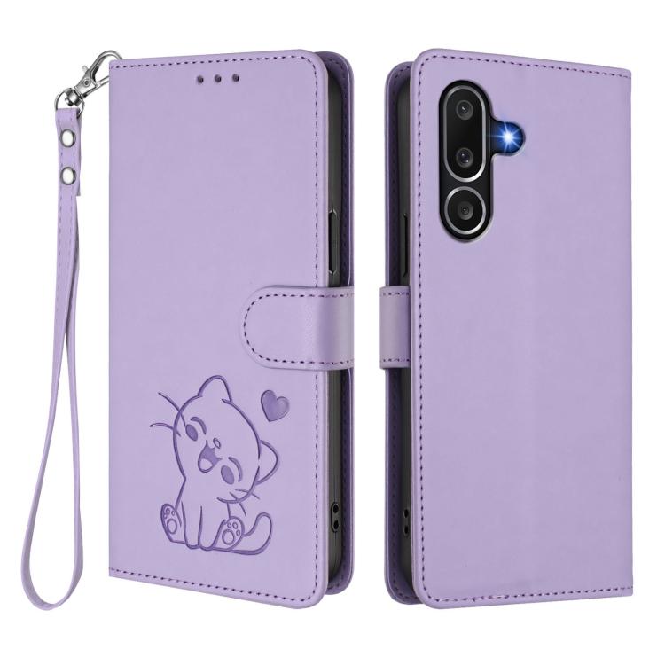 For Samsung Galaxy M56 5G Embossed Heart Cat Leather Phone Case with Hand Strap