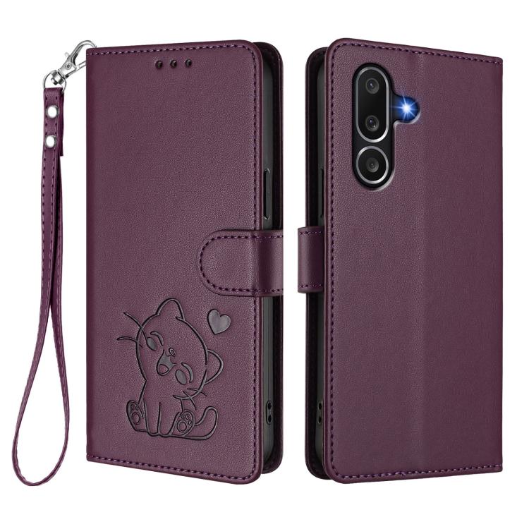 For Samsung Galaxy M56 5G Embossed Heart Cat Leather Phone Case with Hand Strap