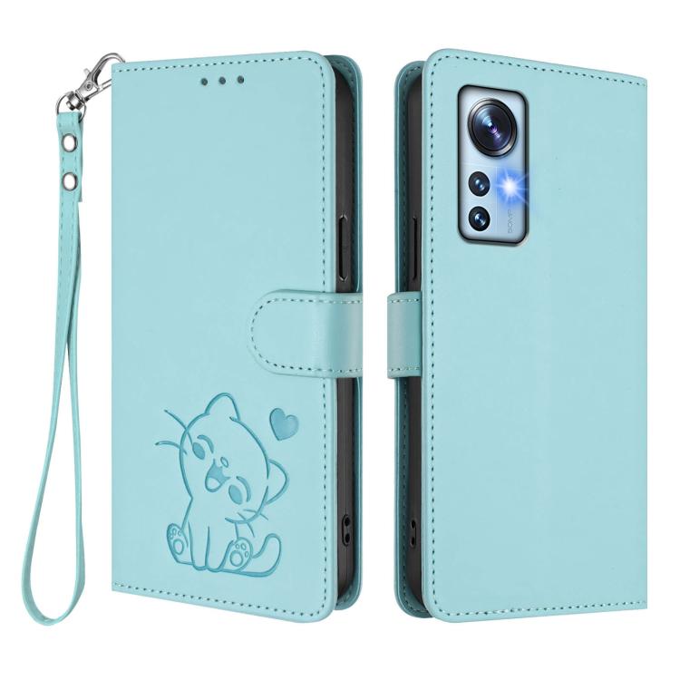 For Xiaomi 12 5G / 12X 5G / 12S 5G Embossed Heart Cat Leather Phone Case with Hand Strap
