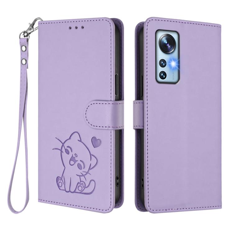 For Xiaomi 12 5G / 12X 5G / 12S 5G Embossed Heart Cat Leather Phone Case with Hand Strap