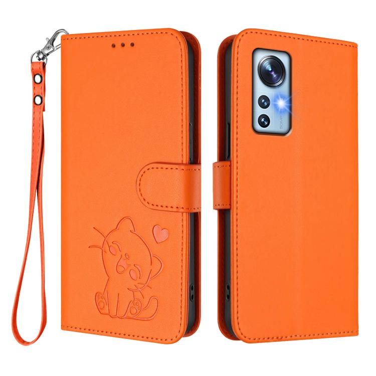 For Xiaomi 12 5G / 12X 5G / 12S 5G Embossed Heart Cat Leather Phone Case with Hand Strap