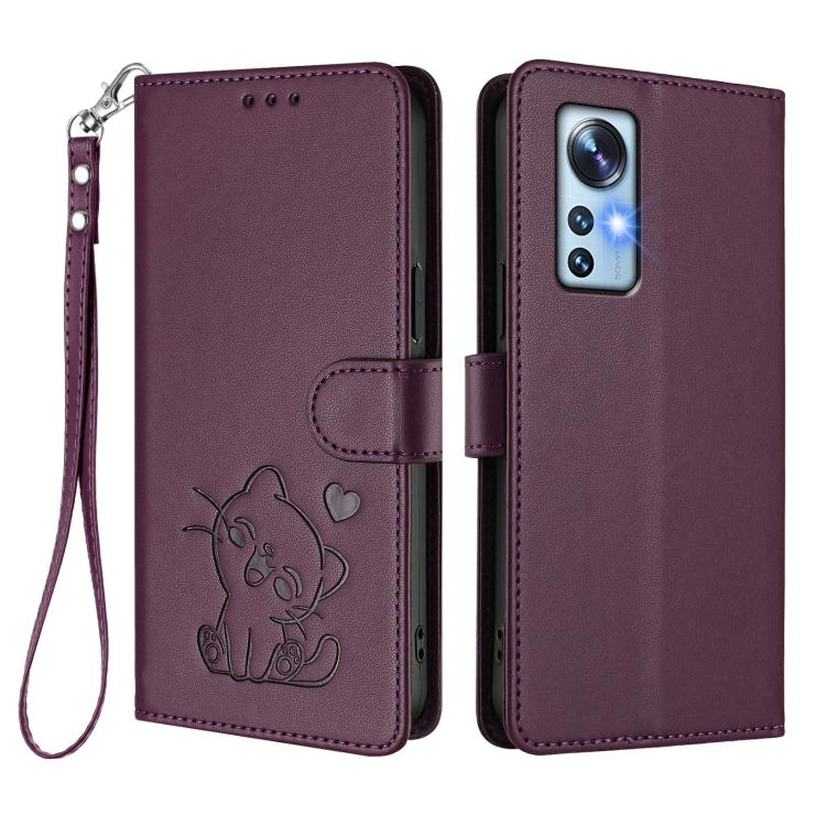 For Xiaomi 12 5G / 12X 5G / 12S 5G Embossed Heart Cat Leather Phone Case with Hand Strap