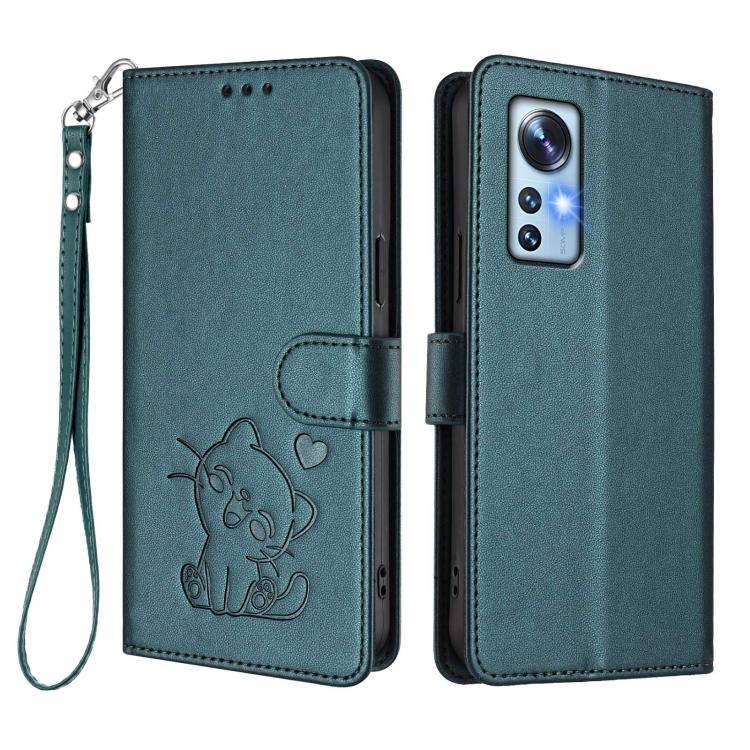 For Xiaomi 12 5G / 12X 5G / 12S 5G Embossed Heart Cat Leather Phone Case with Hand Strap