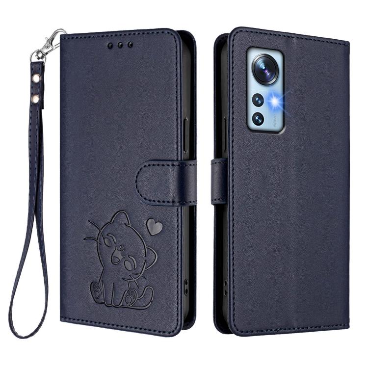 For Xiaomi 12 5G / 12X 5G / 12S 5G Embossed Heart Cat Leather Phone Case with Hand Strap