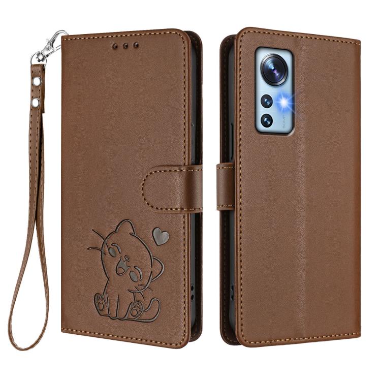For Xiaomi 12 5G / 12X 5G / 12S 5G Embossed Heart Cat Leather Phone Case with Hand Strap