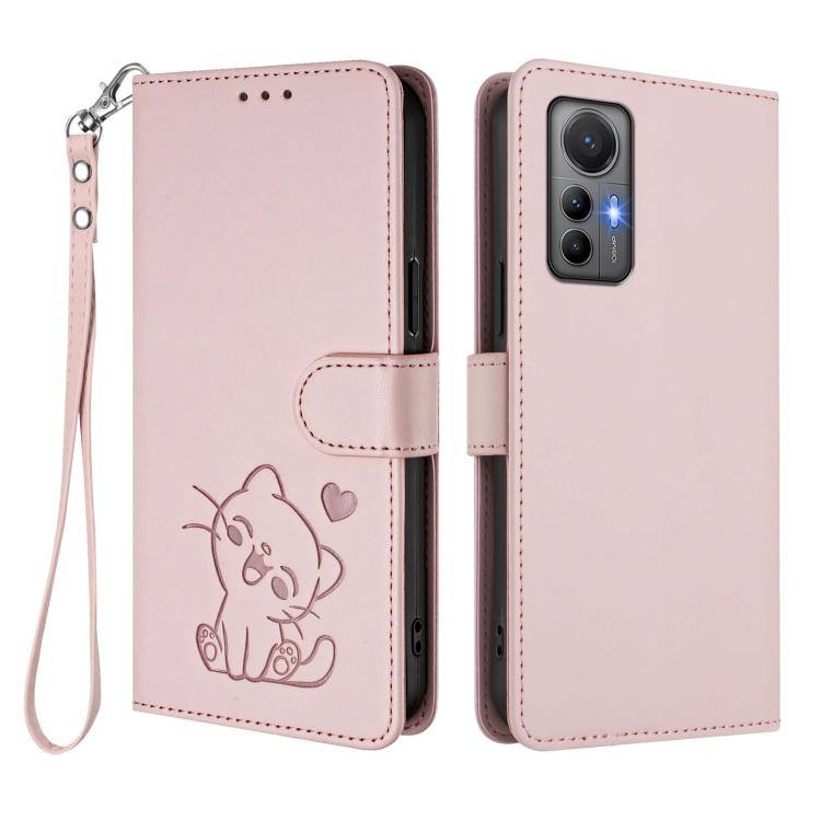 For Xiaomi 12 Lite Embossed Heart Cat Leather Phone Case with Hand Strap