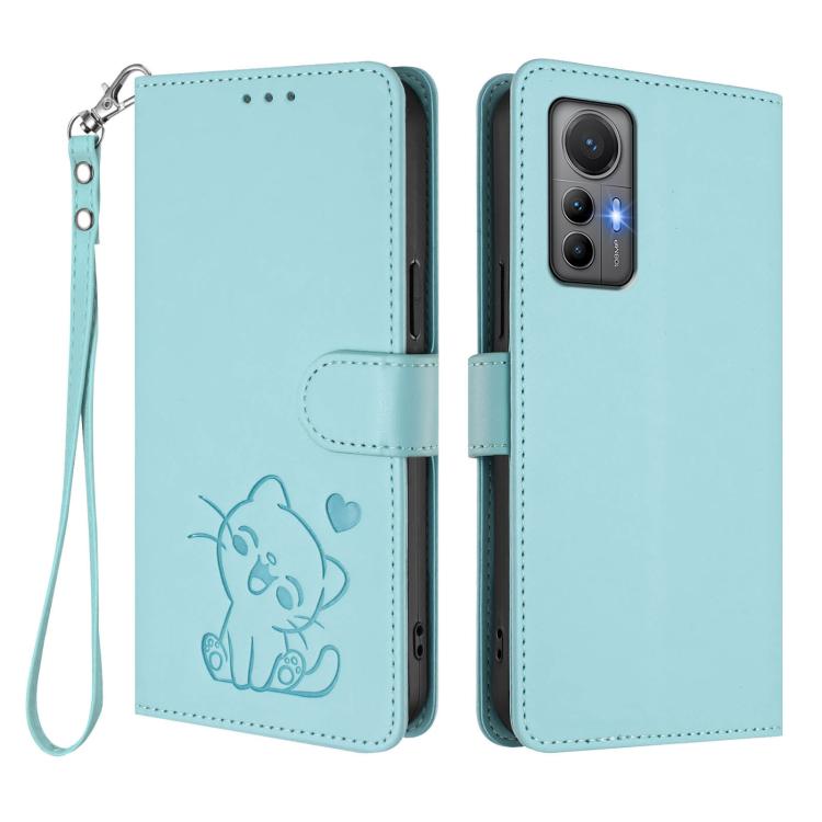 For Xiaomi 12 Lite Embossed Heart Cat Leather Phone Case with Hand Strap