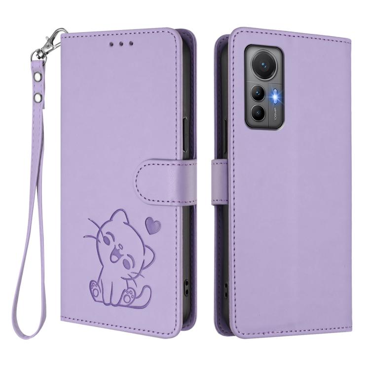 For Xiaomi 12 Lite Embossed Heart Cat Leather Phone Case with Hand Strap