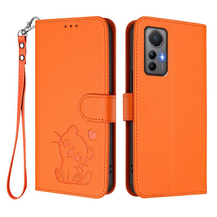 For Xiaomi 12 Lite Embossed Heart Cat Leather Phone Case with Hand Strap