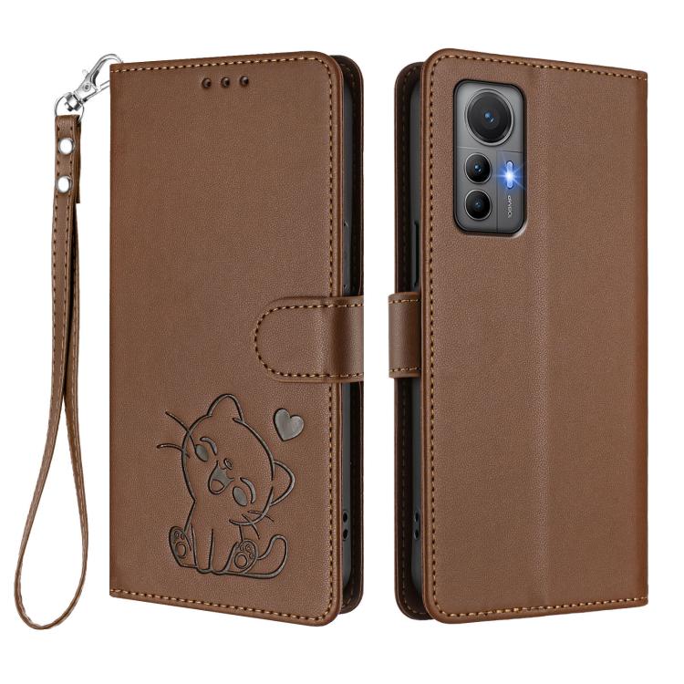 For Xiaomi 12 Lite Embossed Heart Cat Leather Phone Case with Hand Strap
