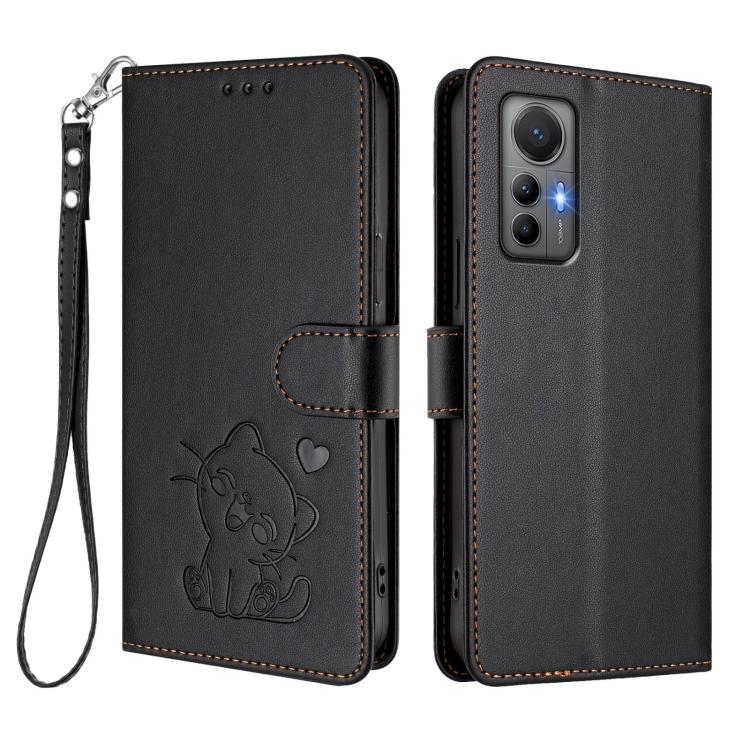 For Xiaomi 12 Lite Embossed Heart Cat Leather Phone Case with Hand Strap
