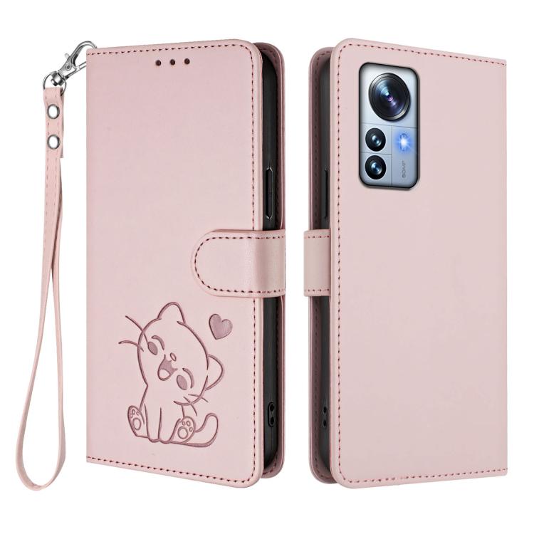 For Xiaomi 12 Pro / 12S Pro Embossed Heart Cat Leather Phone Case with Hand Strap